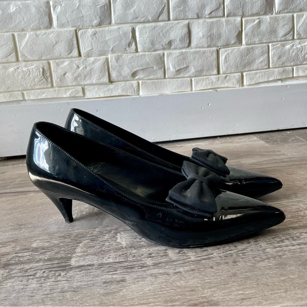 Yves Saint Laurent YSL Black Italian Patent Leather Bow Kitten Heel Size 40 - Picture 2 of 14